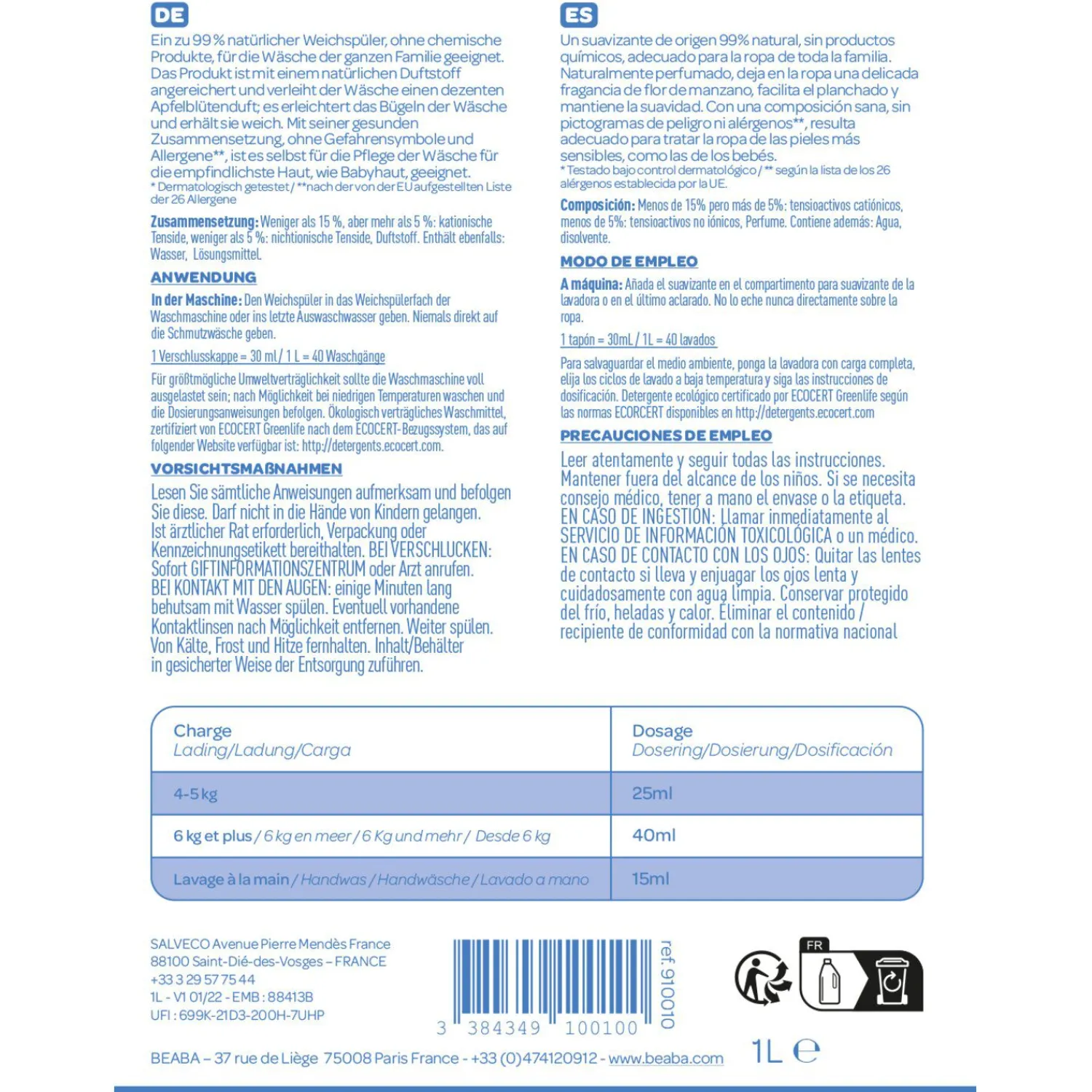 BÉABA Désinfectants Et Nettoyants*Assouplissant 1L fleurs de pommier