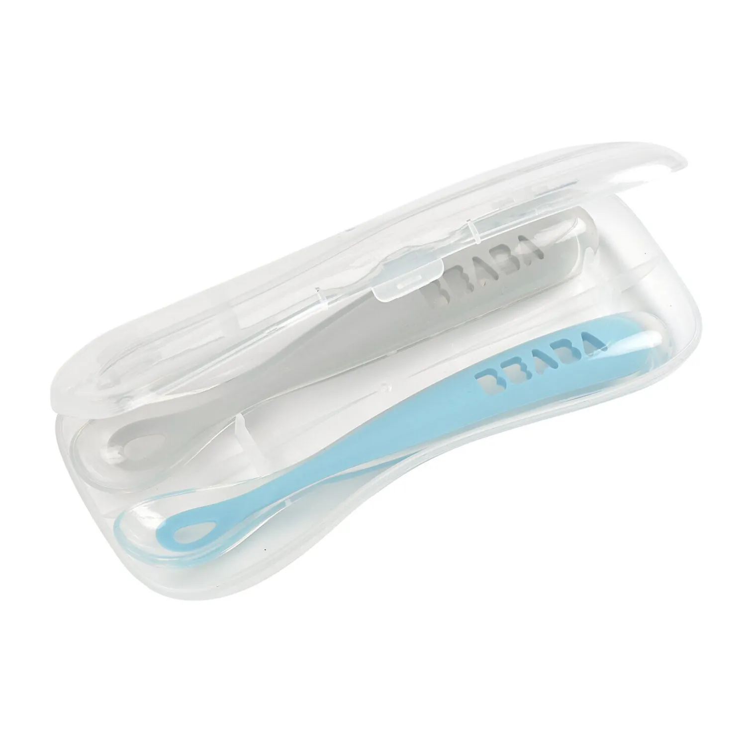 BÉABA Couverts Vaisselle Et Bavoirs*Lot 2 cuillères 1er âge silicone avec boite de transport Bleu/Gris