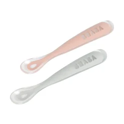 BÉABA Couverts Vaisselle Et Bavoirs*Lot 2 cuillères 1er âge silicone avec boite de transport Rose/Gris