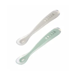 BÉABA Couverts Vaisselle Et Bavoirs*Lot 2 cuillères 1er âge silicone avec boite de transport Vert sauge/Gris velours
