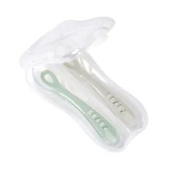BÉABA Couverts Vaisselle Et Bavoirs*Lot 2 cuillères 2ème âge silicone avec boite de transport Vert sauge/Gris velours