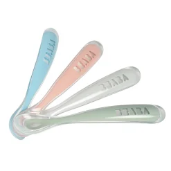 BÉABA Couverts Vaisselle Et Bavoirs*Lot de 4 cuillères 1er âge silicone Eucalyptus/Bleu/Rose/Gris