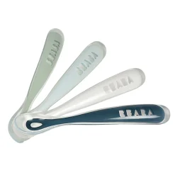BÉABA Couverts Vaisselle Et Bavoirs*Lot de 4 cuillères 1er âge silicone Bleu/Gris/Eucalyptus