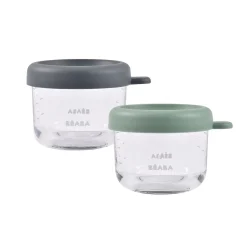 BÉABA Pots De Conservation|Pots De Conservation*Lot de 2 portions verre 150 ml Mineral / Vert sauge