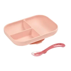 BÉABA Couverts Vaisselle Et Bavoirs*Set repas Silicone - Assiette compartimentée et cuillère 2ème âge Rose
