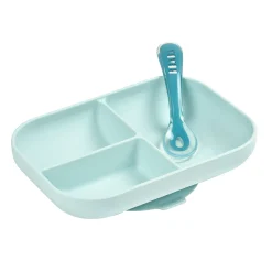 BÉABA Couverts Vaisselle Et Bavoirs*Set repas Silicone - Assiette compartimentée et cuillère 2ème âge Bleu