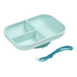 BÉABA Couverts Vaisselle Et Bavoirs*Set repas Silicone - Assiette compartimentée et cuillère 2ème âge Bleu